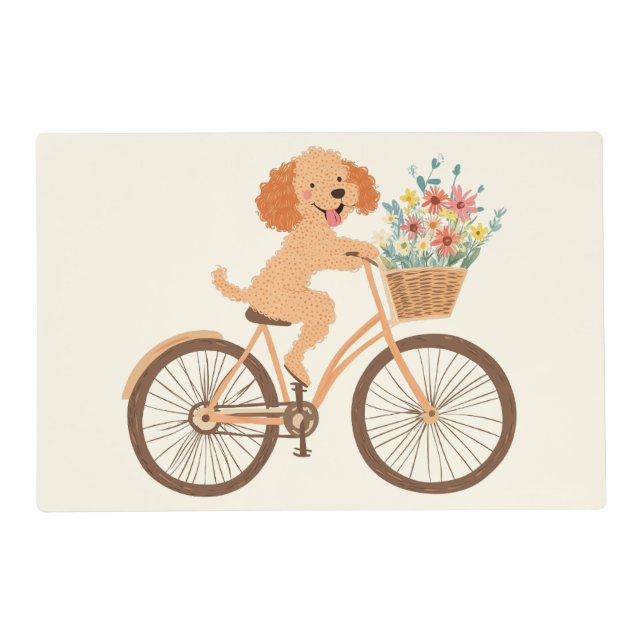 Cute Goldendoodle Dog Biking Spring Flowers Placemat (Front)