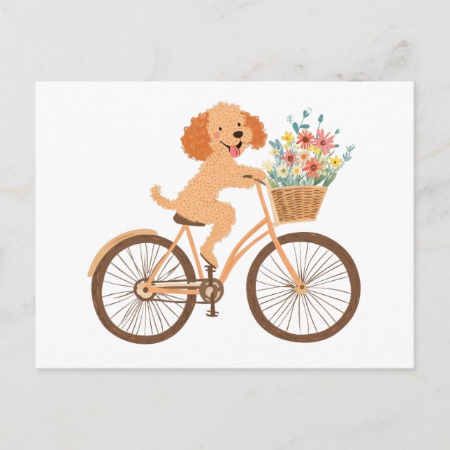 Cute Goldendoodle Dog Biking Spring Flowers Postcard (Front)