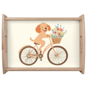 Cute Goldendoodle Dog Biking Spring Flowers Serving Tray
