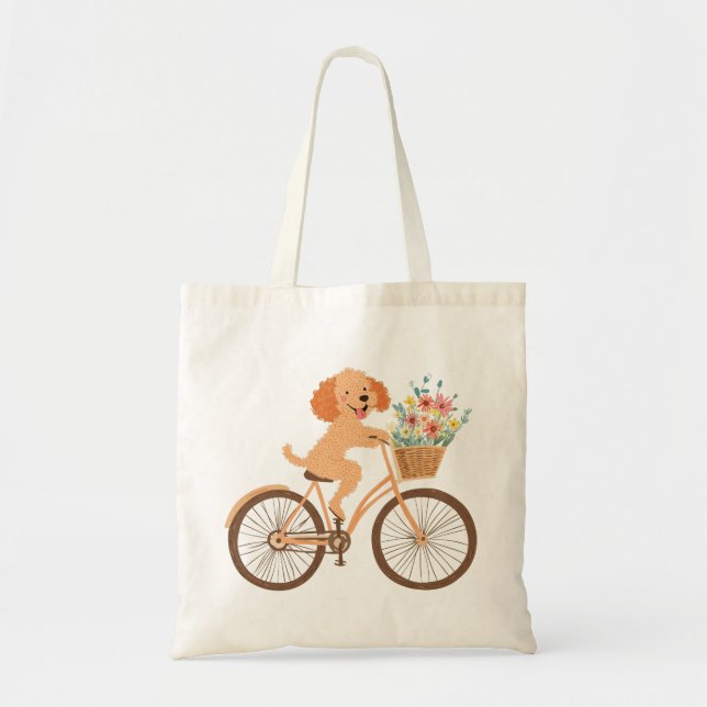 Cute Goldendoodle Dog Biking Spring Flowers Tote Bag (Front)