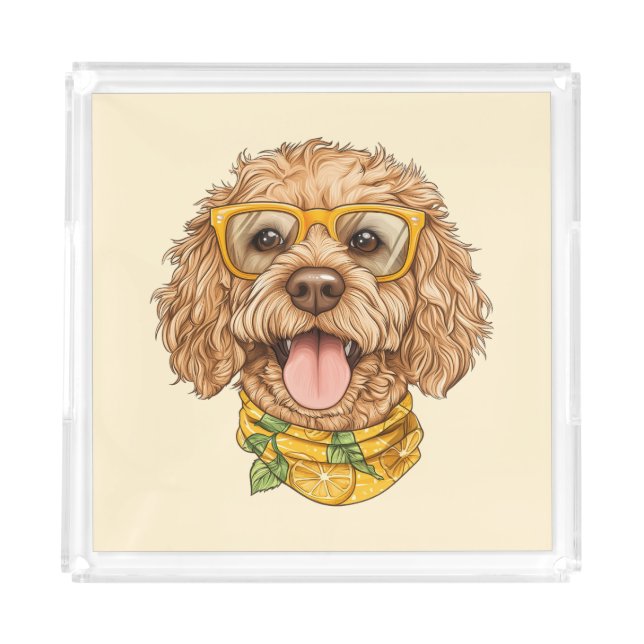 Cute Goldendoodle Dog Sunglasses Oranges Acrylic Tray (Front)
