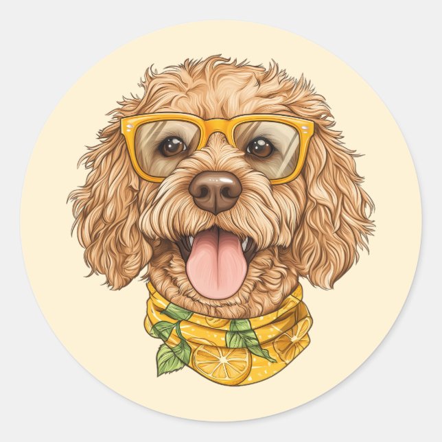 Cute Goldendoodle Dog Sunglasses Oranges Classic Round Sticker (Front)