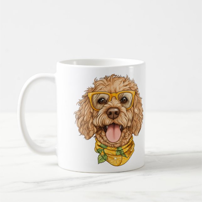 Cute Goldendoodle Dog Sunglasses Oranges Coffee Mug (Left)