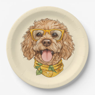 Cute Goldendoodle Dog Sunglasses Oranges Paper Plates