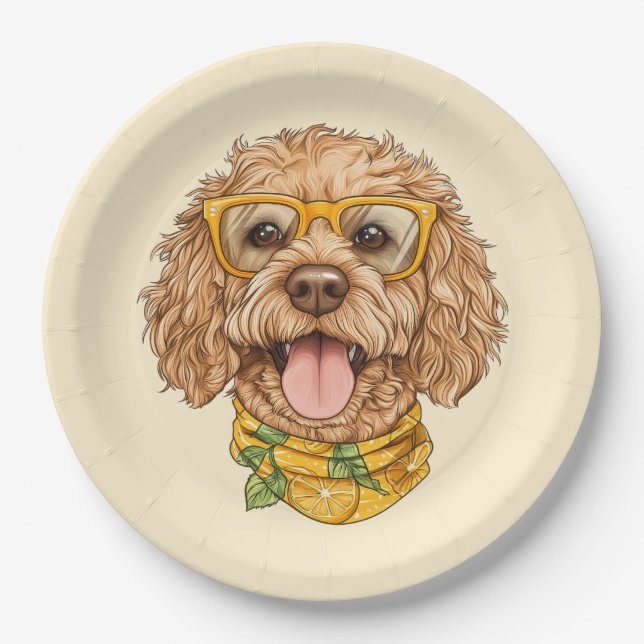Cute Goldendoodle Dog Sunglasses Oranges Paper Plates (Front)