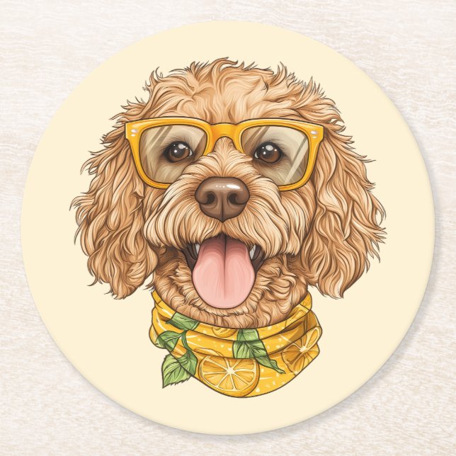 Cute Goldendoodle Dog Sunglasses Oranges Round Paper Coaster (Front)