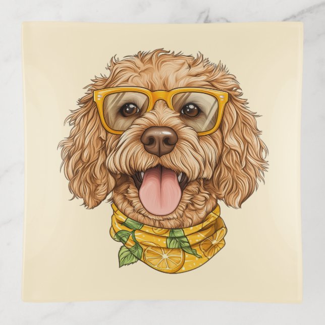 Cute Goldendoodle Dog Sunglasses Oranges Trinket Tray (Front)