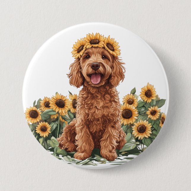 Cute Goldendoodle Dog Wearing A Sunflower Crown Button (Front)