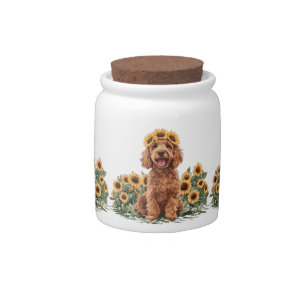 Cute Goldendoodle Dog Wearing A Sunflower Crown Candy Jar