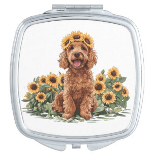 Cute Goldendoodle Dog Wearing A Sunflower Crown Compact Mirror