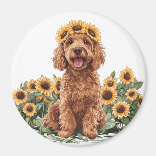 Cute Goldendoodle Dog Wearing A Sunflower Crown Magnet