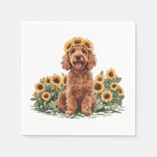 Cute Goldendoodle Dog Wearing A Sunflower Crown Napkins