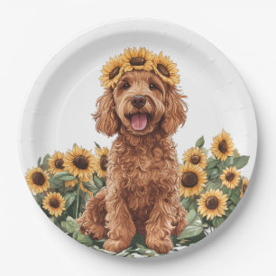 Cute Goldendoodle Dog Wearing A Sunflower Crown Paper Plates