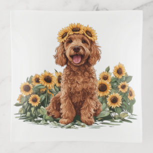 Cute Goldendoodle Dog Wearing A Sunflower Crown Trinket Tray