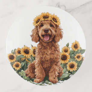 Cute Goldendoodle Dog Wearing A Sunflower Crown Trinket Tray