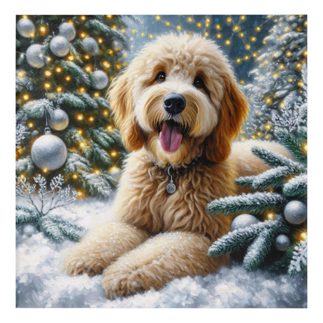 Cute Goldendoodle Dog Winter Wonderland Acrylic Print (Front)