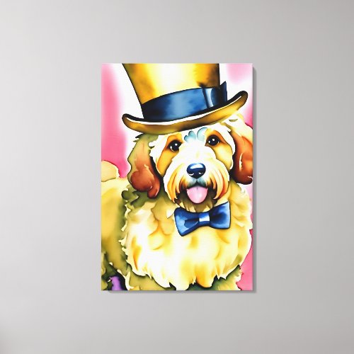 Cute Goldendoodle Funny Top Hat Pink Yellow Blue Canvas Print