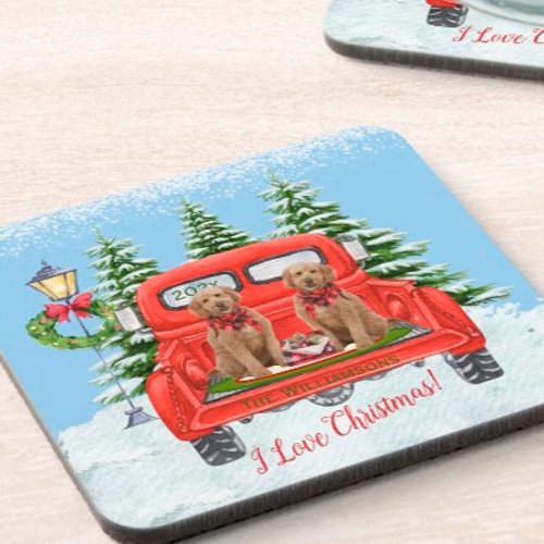 Cute Goldendoodle Puppies Vintage Red Truck Beverage Coaster