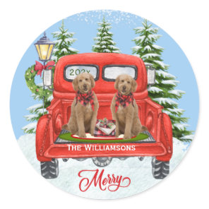Cute Goldendoodle Puppies Vintage Red Truck  Classic Round Sticker