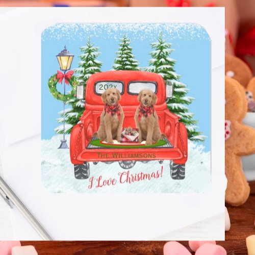 Cute Goldendoodle Puppies Vintage Red Truck  Square Sticker