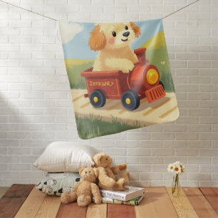 Cute Goldendoodle Puppy Toy Train Pastel Baby Blanket