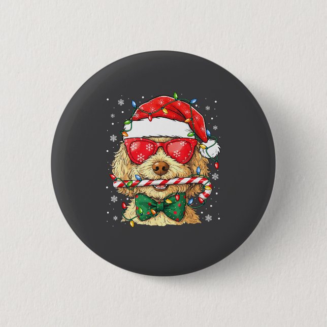 Cute Goldendoodle Santa Hat Xmas Lights Goldendood Button (Front)