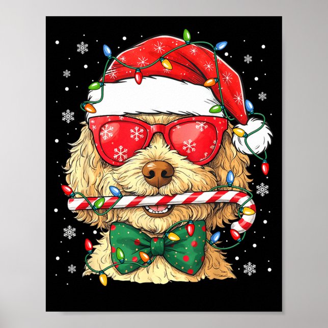 Cute Goldendoodle Santa Hat Xmas Lights Goldendood Poster (Front)
