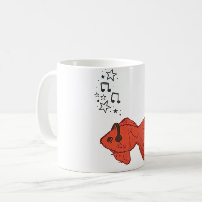 Cute Goldfish Coffee Mug with Headphones (Front Left)