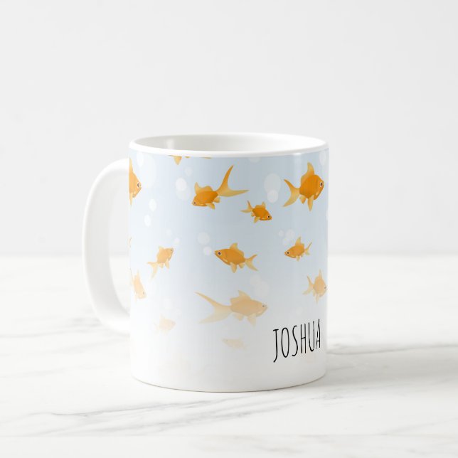 Cute Goldfish Swimming in Water Custom Name Coffee Mug (Front Left)