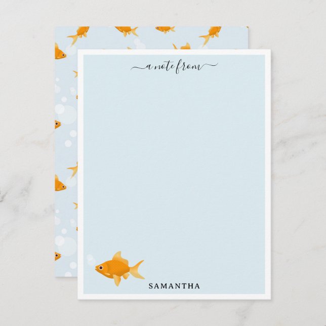 Cute Goldfish Swimming in Water Custom Name Note Card (Front/Back)