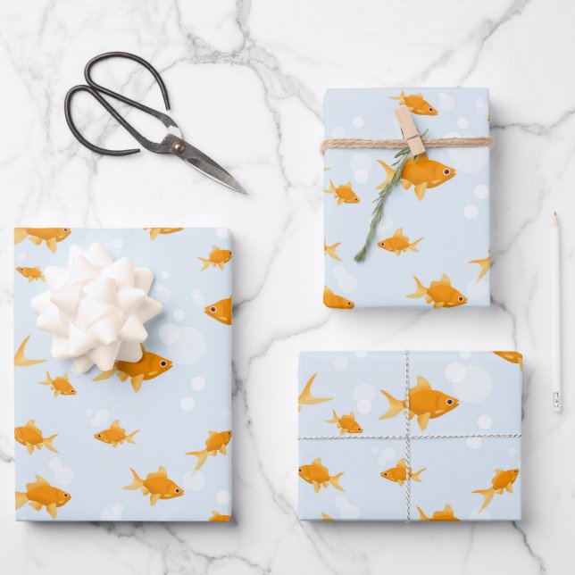 Cute Goldfish Swimming in Water Wrapping Paper Sheets (Front)