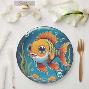 Cute Goldfish Swimming Underwater with Bubbles Paper Plates