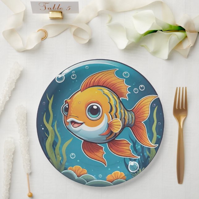 Cute Goldfish Swimming Underwater with Bubbles Paper Plates (Wedding)
