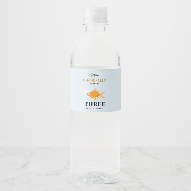 Cute Goldfish Swimming Water Kids Birthday Party Water Bottle Label (Front)
