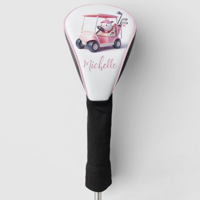 Cute Golf Ball Driving a Golf Cart Head Cover (Front)