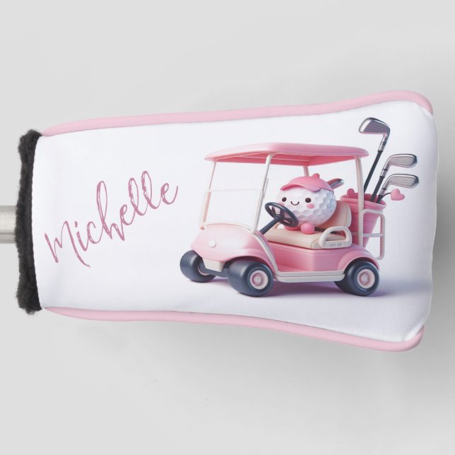Cute Golf Ball Driving a Golf Cart Head Cover (Front)