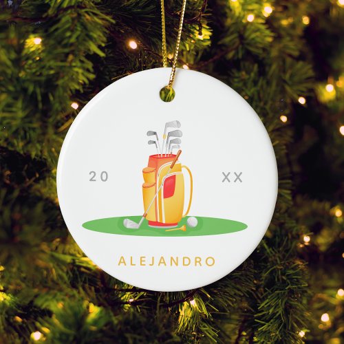 Cute Golf Ball Equipment Illustration Golfers Name Ceramic Ornament