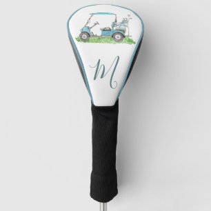 Cute Golf Cart Blue Watercolor Monogram Head Cover