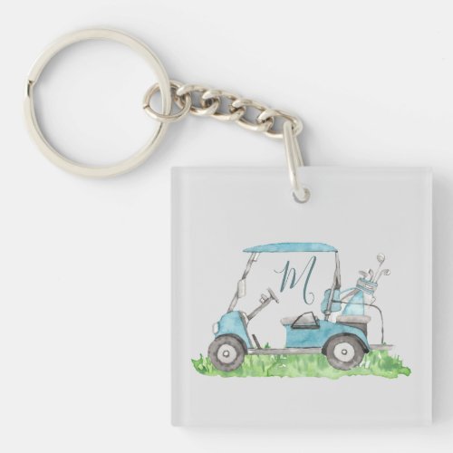 Cute Golf Cart Blue Watercolor Monogram Keychain