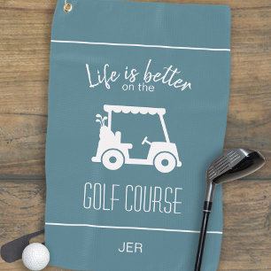 Cute Golf Cart Golfer Golf Course Quote Turquoise Towel