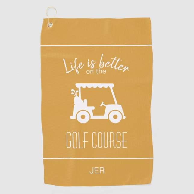 Cute Golf Cart Golfer Golf Course Quote Yellow Golf Towel (Front)