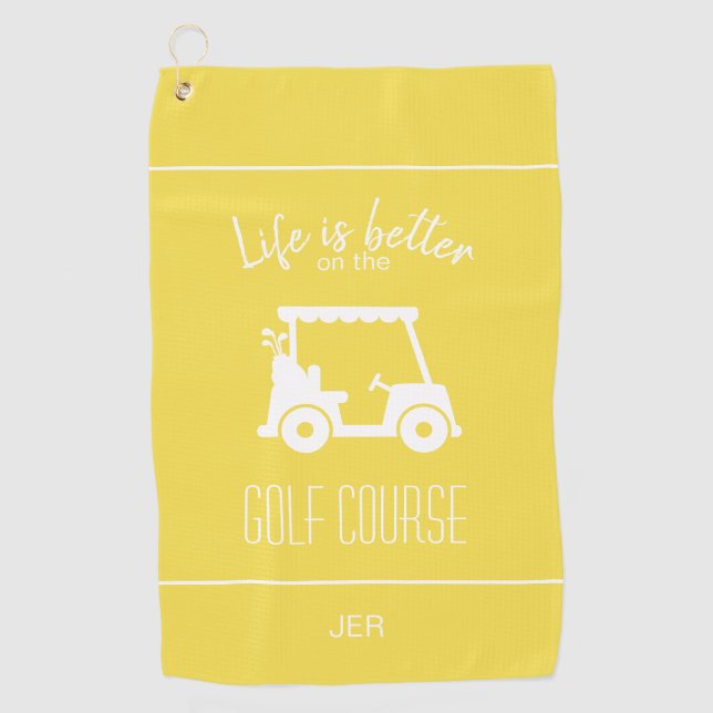 Cute Golf Cart Golfer Golf Course Quote Yellow Golf Towel (Front)