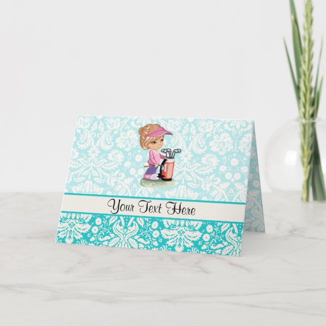 Cute Golf; Damask Pattern Card (Front)