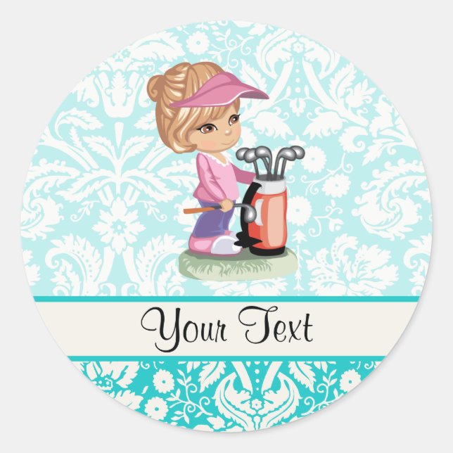 Cute Golf; Damask Pattern Classic Round Sticker (Front)