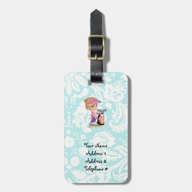 Cute Golf; Damask Pattern Luggage Tag (Front Vertical)