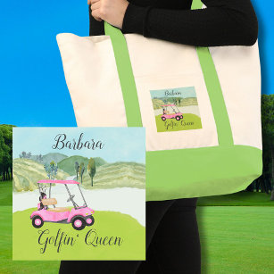 Cute Golf Scene Pink Cart Name Golfin' Queen Tote Bag