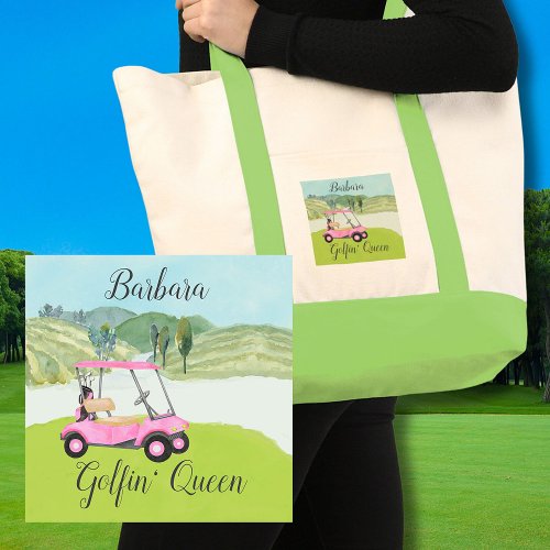 Cute Golf Scene Pink Cart Name Golfin Queen Tote Bag