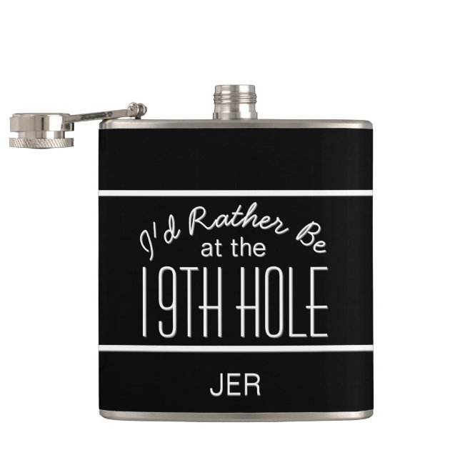 Cute Golfer 19th Hole Monogrammed Initials Black Flask (Opened)