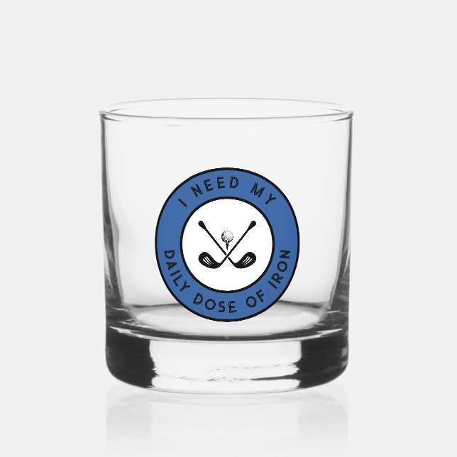 Cute Golfer Humor Golf Iron Sports Pro Blue Black Whiskey Glass (Front)