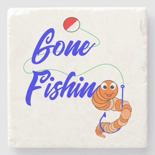 Cute Gone Fishing Cartoon Fishing Worm and Bobber Stone Coaster